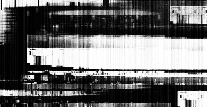 Abstract Black and White Glitch Art Background with High Contrast Distorted Grid and Pixelation.