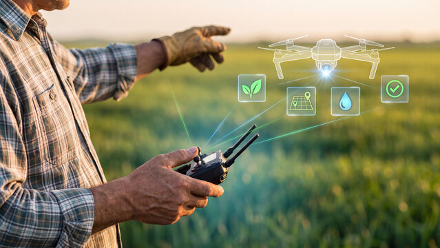 Agricultural drone and smart farming technology concept. Farmer using remote controller to fly drone over field for crop monitoring, field mapping and irrigation in precision agriculture