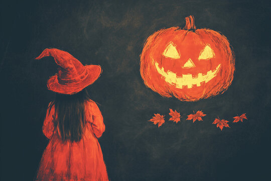 Little girl in red witch hat looking at giant glowing Jack-o'-lantern carved pumpkin on dark background.