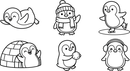 Fototapeta premium Cute penguin collection featuring playful winter characters, ice skating penguins, igloo, scarf, earmuffs and cartoon arctic animals line art vector illustration