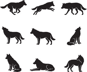 Obraz premium Dynamic Black Wolf Silhouettes Set: Diverse Poses of Wild Canids on White Background