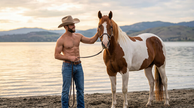 Shirtless Caucasian cowboy man in hat holding pinto horse on beach at sunset. Concept of western equestrian lifestyle, horseback bonding, rural adventure, and masculinity.
