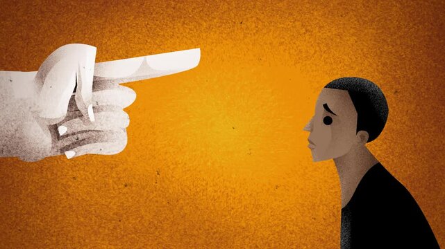 black man being pointed at and discriminated against by a giant hand