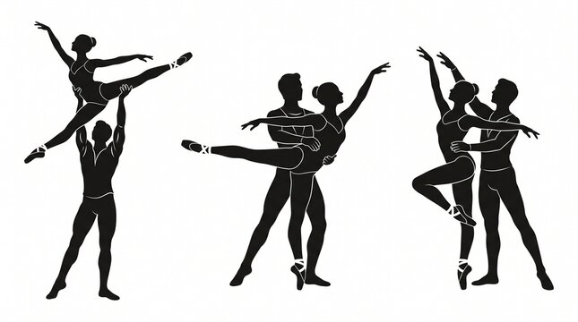 Ballet Dancers Performing Pas de Deux Silhouette Vector Set