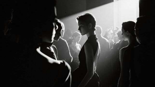 Black and white cinematic backstage scene during haute couture preparations, intense shadows, candid movement