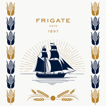 vector, vector graphics, corn, maize, corn cob, label, sticker, alcoholic beverages, spirits, alcoholic products, barley, wheat, rye, grain, cereals, grain crops, cereals, malt, grain malt, ship