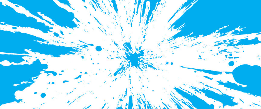 Bright blue paint splatters exploding outwards on a white background abstract splash