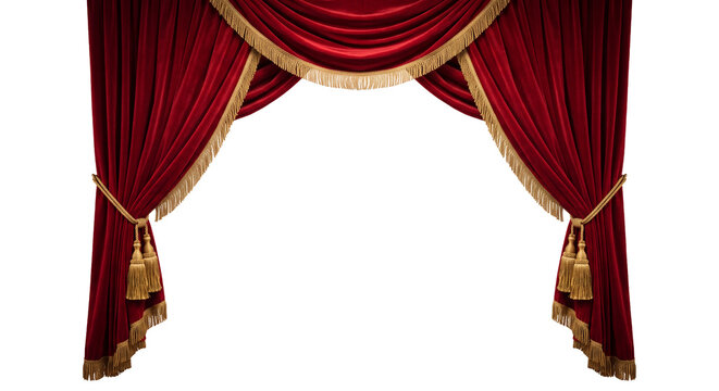 Red velvet curtains with gold trim are dramatically draped against black