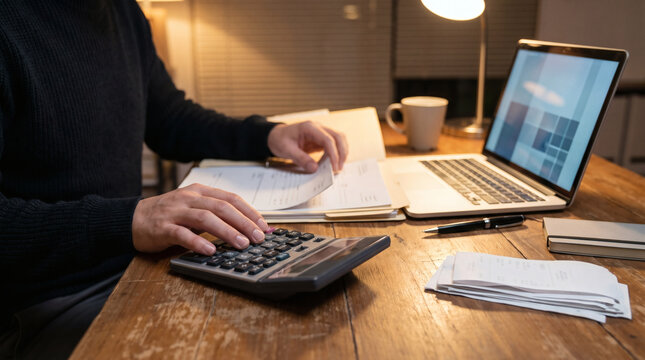 Accountant or small business owner calculating financial expenses and checking invoices with calculator and laptop at wooden desk late at night