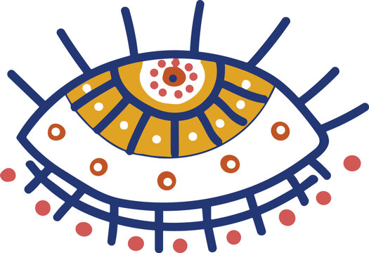 Mystical Evil Eye Vector Element Featuring Hand Drawn Bohemian Talisman Doodle with Blue Eyelashes and Gold Iris Accents