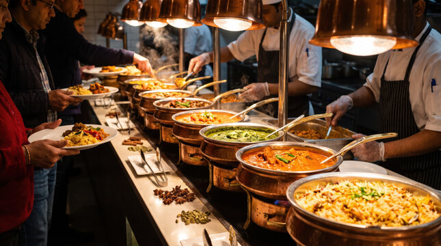 Indian cuisine buffet line with copper serving dishes and chefs preparing aromatic curry