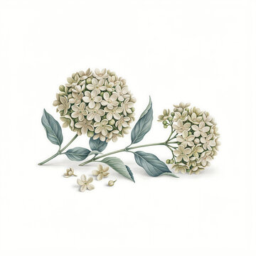 Two delicate white hydrangea flower clusters with green leaves isolated on a transparent background