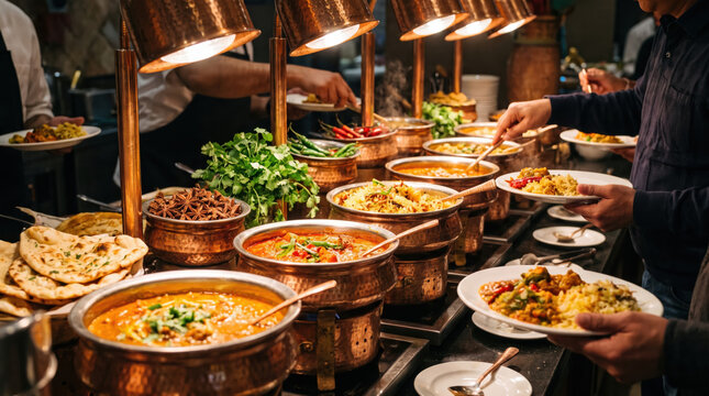 Indian cuisine buffet line with copper serving pots, colorful curry, naan, and diners selecting food under warm lighting
