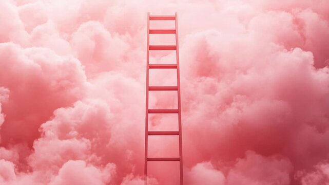 Tall wooden ladder in a pink and red cloud landscape