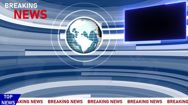 Breaking news broadcast studio background, with rotating globe, and placeholder screen, for media reporting