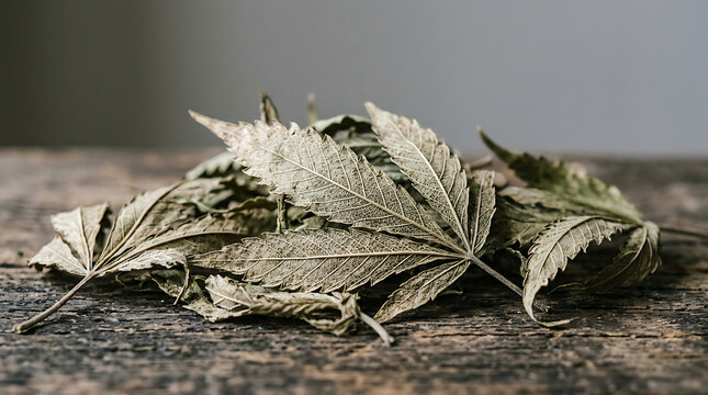 Close up of dried hemp leaves scattered on a weathered wooden surface, showcasing natural botanical texture.