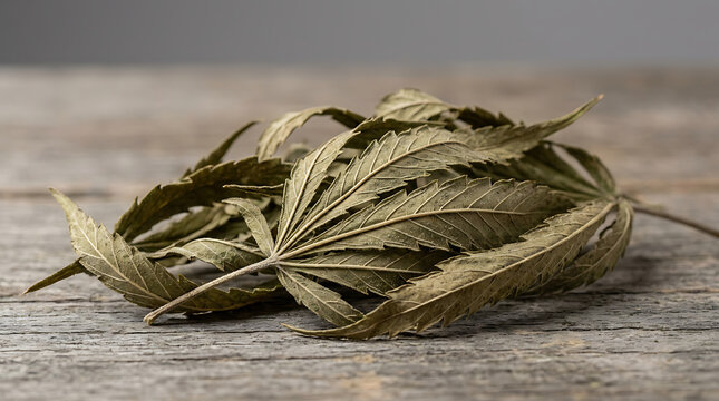 Close-up view of dried cannabis hemp leaves resting on a weathered wooden surface.
