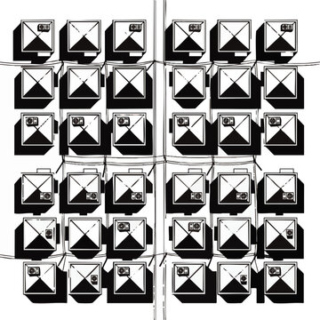 Minimalist graphic illustration of a top-down geometric grid showing identical rooftops with stark black shadows, symbolizing urban overcrowding, suburban conformity, and standardized housing