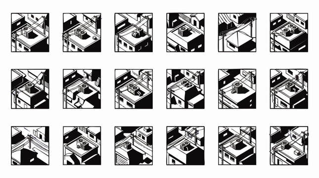 Monochromatic isometric illustration set with high contrast urban rooftop scenes in comic manga storyboarding style, concept for layout design, ideal for graphic novel publishing, animation