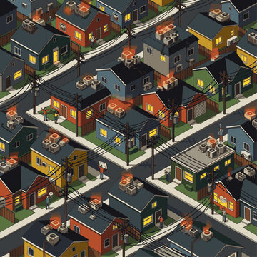 Detailed isometric suburban neighborhood with overheating air conditioner units bursting into flames, concept for extreme summer heatwave, power grid failure, and climate change crisis editorial