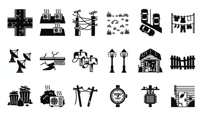 Minimalist vector icon set with monochrome urban infrastructure, utility elements, residential symbols, and city objects, concept for municipal management and smart city planning, ideal for app
