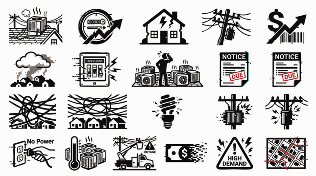 Detailed icon set with black line illustrations of power grid overload, high electric bills, and utility wires, concept for energy crisis and inflation, suitable for editorial reports and