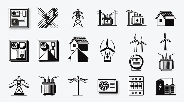Minimalist vector icon set with detailed electrical power grids, wind turbines, solar houses, and transformers, concept for sustainable energy management and smart infrastructure development,