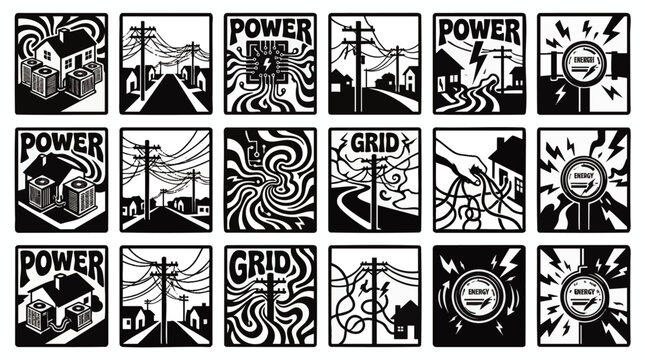 Monochrome linocut illustration set with stylized black and white power grid, electric poles, and meters, concept for energy infrastructure and power crisis, ideal for editorial publication and