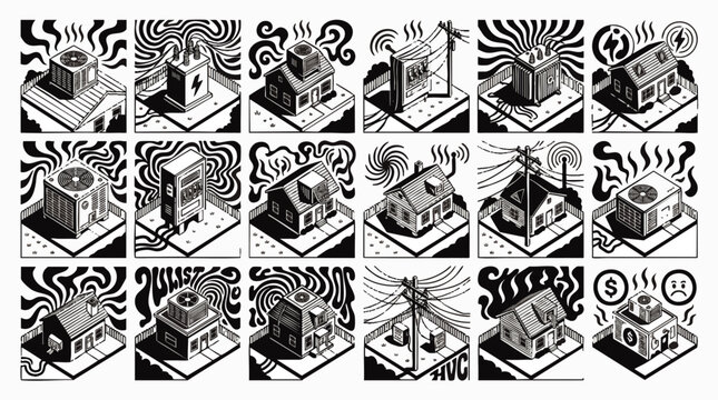 Monochromatic isometric illustration set with black and white icons of HVAC units, power lines, and overheated houses, concept for summer energy crisis, ideal for utility infographics and climate