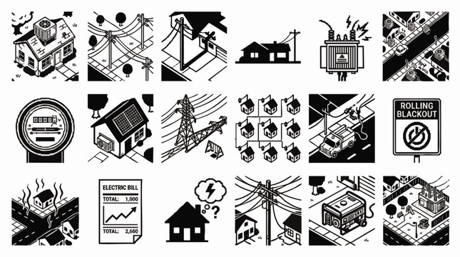 Minimalist isometric vector icon set with black and white power grid elements depicting electrical lines, meters, and rolling blackout signs, concept for energy crisis and utility management, for