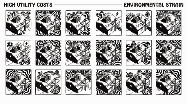 Monochromatic illustration set with stylized houses bound by energy cords and power lines, depicting high utility costs and environmental strain for financial reports, eco campaigns, and editorial