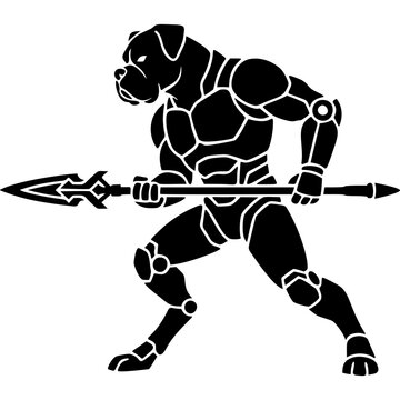 Boxer Dog Humanoid Robot Warrior Holding Futuristic Mechanical Spear