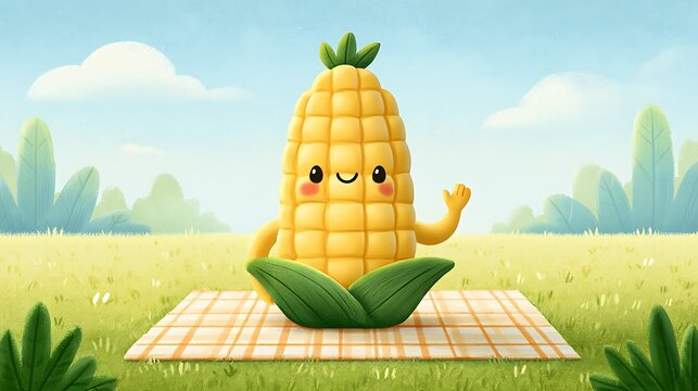 Cute cartoon corn character sitting on a picnic blanket in a sunny meadow. Ideal for children's healthy food education and seasonal agricultural marketing materials.