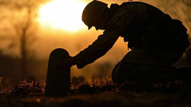 Silhouette of a soldier paying tribute at a grave headstone during sunset