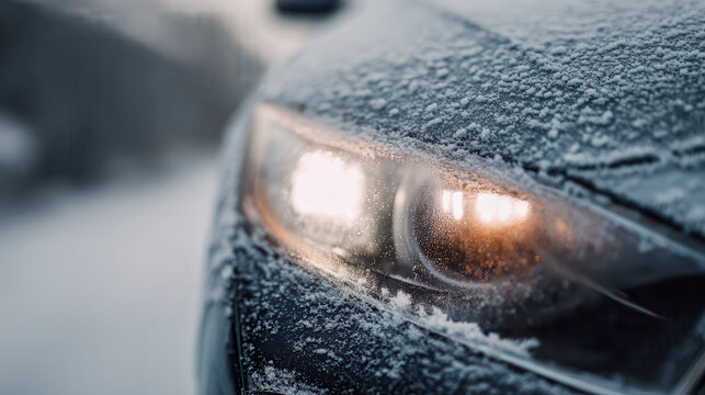 Frost covered car headlight glowing warm amber against cold blue winter light
