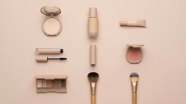 Set of makeup products with brushes and cosmetics arranged neatly on a soft light beige background. basic cosmetics guide