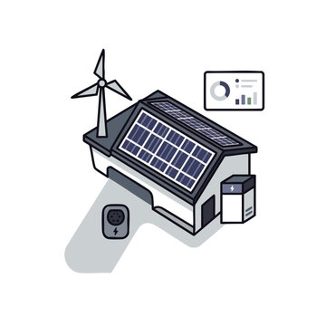 Modern isometric solar building illustration with roof panels, wind turbine, battery, and analytics dashboard, representing green renewable energy transition for environmental presentations,