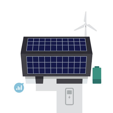 Modern eco-friendly building model with rooftop solar panels, wind turbine, electric vehicle charger and battery storage, concept for clean renewable energy generation, sustainable smart home