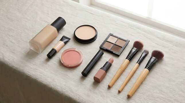 Set of professional makeup tools and cosmetic products including brushes foundation and lipstick on a table. basic cosmetics guide