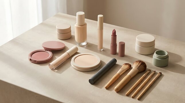 Set of various makeup products and cosmetic brushes arranged on a clean surface for beauty and skincare routine. basic cosmetics guide
