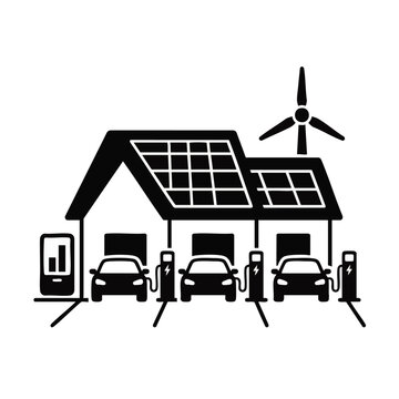 Modern eco charging station icon with electric vehicles, rooftop solar panels, wind turbine and smart display screen, concept for sustainable clean energy infrastructure, green mobility and renewable