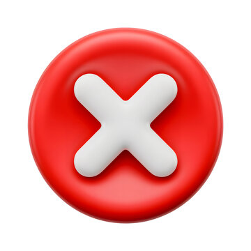 A 3d render of a red circular button with a white cross isolated on transparent background