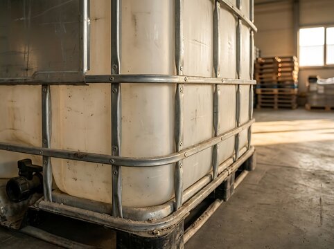 Large plastic water tank container inside a warehouse factory building for industrial liquid storage. ibc containe