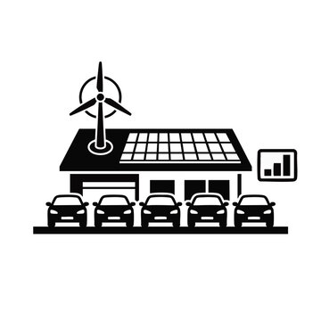 Minimalist black eco station icon with rooftop solar panels, wind turbine, and parked electric cars, representing sustainable energy solutions for environmental presentations, green technology