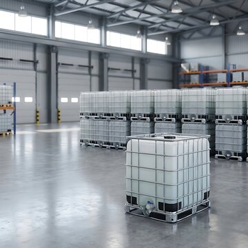 Large plastic liquid storage tank on a wooden pallet inside a modern industrial warehouse distribution center. ibc containe