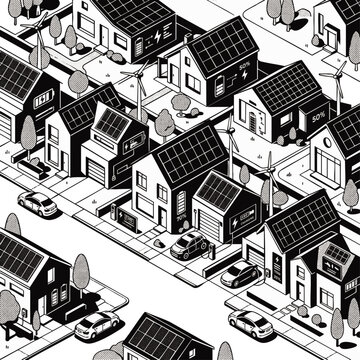 Modern isometric neighborhood illustration with solar panels, electric car charging stations, and wind turbines along smart suburban streets, representing sustainable green energy transition and eco