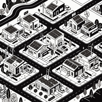 Futuristic eco suburb vector illustration with isometric houses, solar panels, electric cars, and wind turbines, concept for green energy transition, ideal for sustainable city planning infographics