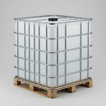 Large plastic water tank container with metal cage frame on a wooden pallet for industrial liquid storage. ibc containe
