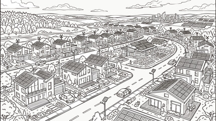 Fototapeta premium Detailed line-art illustration of an eco-friendly suburban neighborhood with rooftop solar panels and wind turbines, concept for sustainable living, suitable for coloring pages, educational posters,