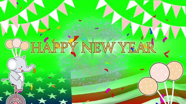 Animated elephant riding a unicycle with celebratory text and confetti on a green screen background with video cartoon elephant unicycle festive party elements changing text celebration animation